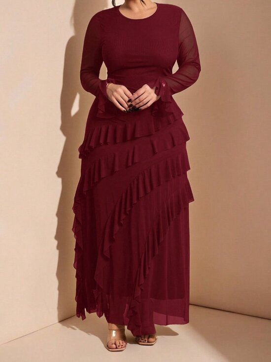 Dresses & Skirts - Burgundy Elegant Women's Plus Size Knot Ruffle Tiered Long Dress